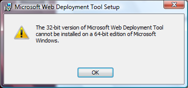 Screenshot of the Web Deployment Tool Setup dialog box. The text shows that 32-bit version is incompatible with 64-bit Windows.